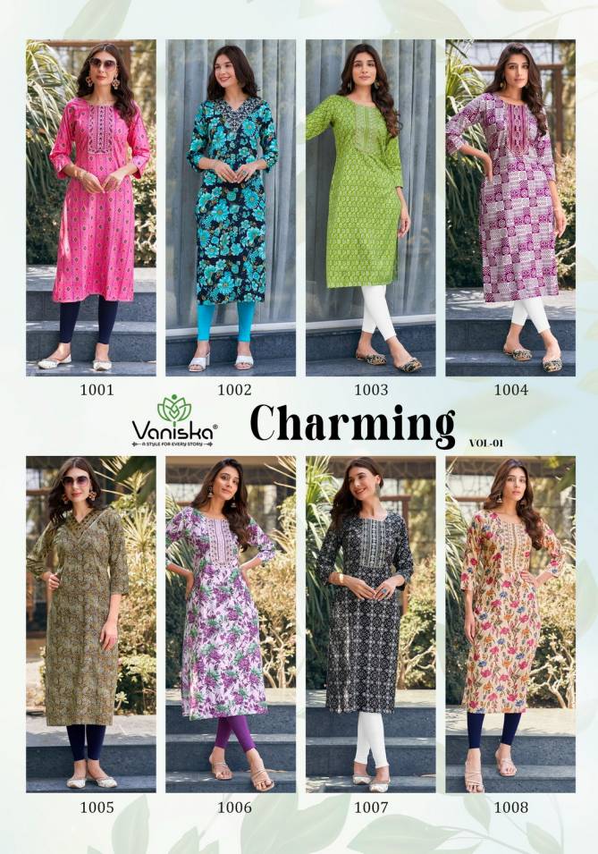 Charming Vol 1 By Vaniska Rayon Foil Printed Kurtis Wholesale Price In Surat